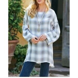 Soft Surroundings Kingsley Plaid Big Buttons Oversized Artsy Tunic XL Lagenlook
